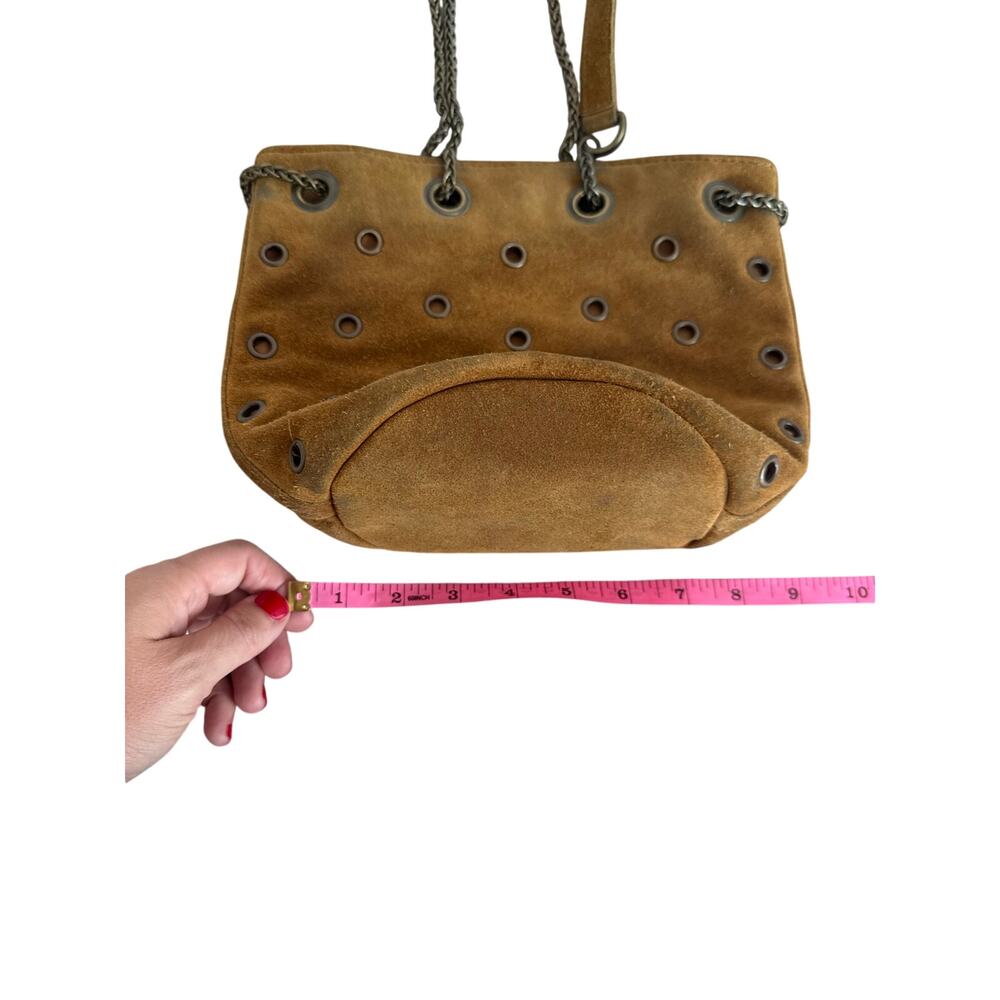 Vintage Karl Marc John Camel Suede Grommet Chain Shoulder French Boho Purse - Picture 5 of 11
